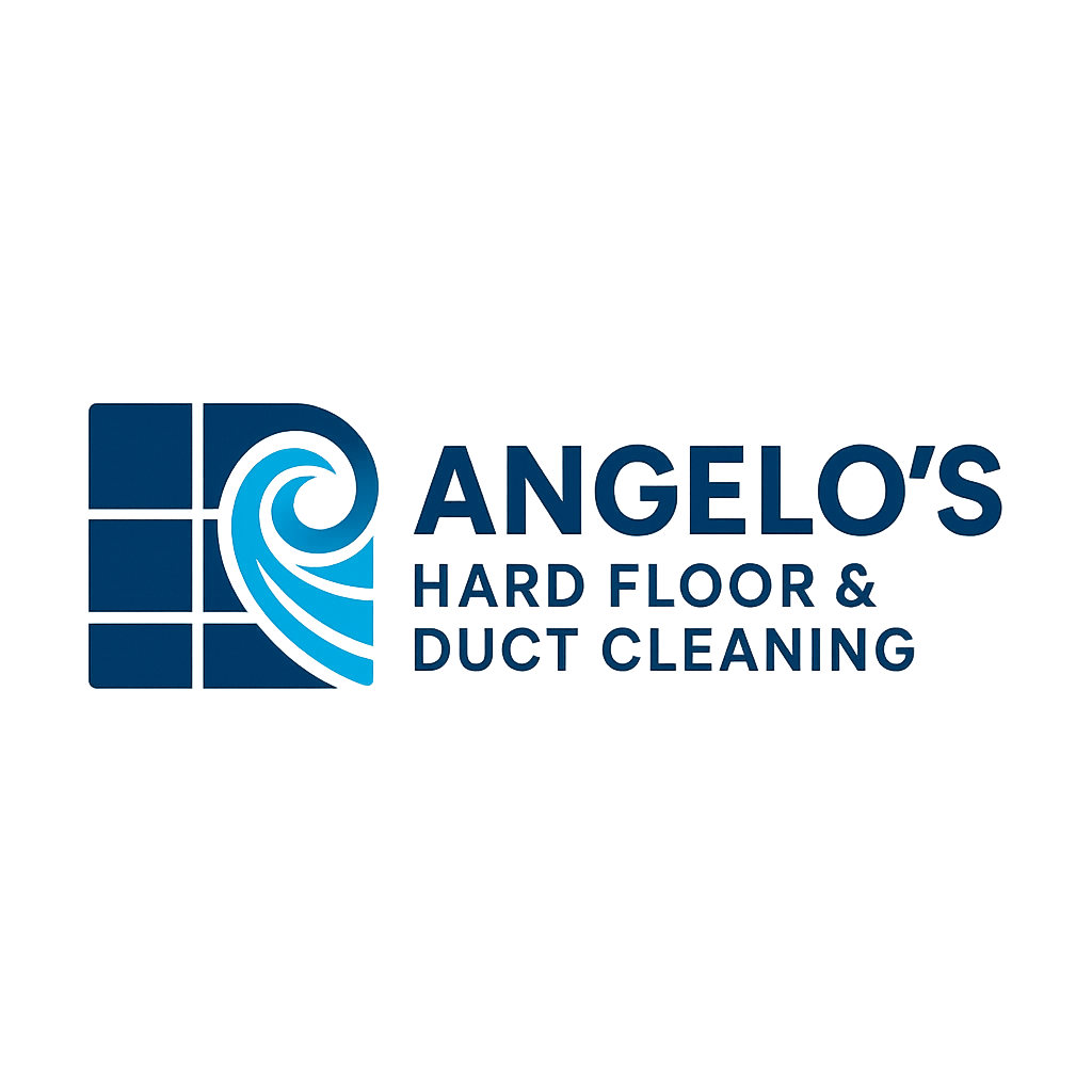 Logo for Angelo’s Hard Floor & Duct Cleaning with a blue four-tile grid and swirling water icon to the left of the company name