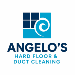 Stacked version of Angelo’s Hard Floor & Duct Cleaning logo showing the blue tile-and-swirl icon above the company name