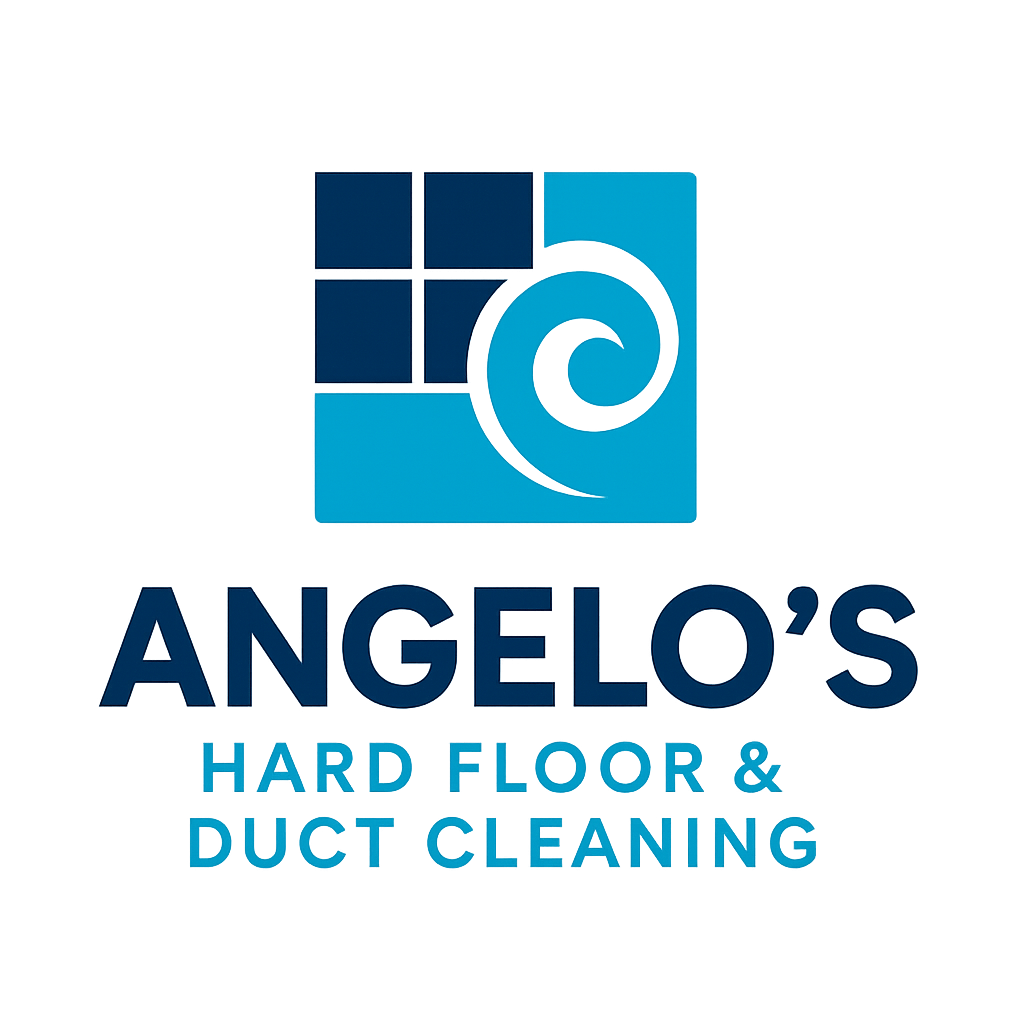 Stacked version of Angelo’s Hard Floor & Duct Cleaning logo showing the blue tile-and-swirl icon above the company name
