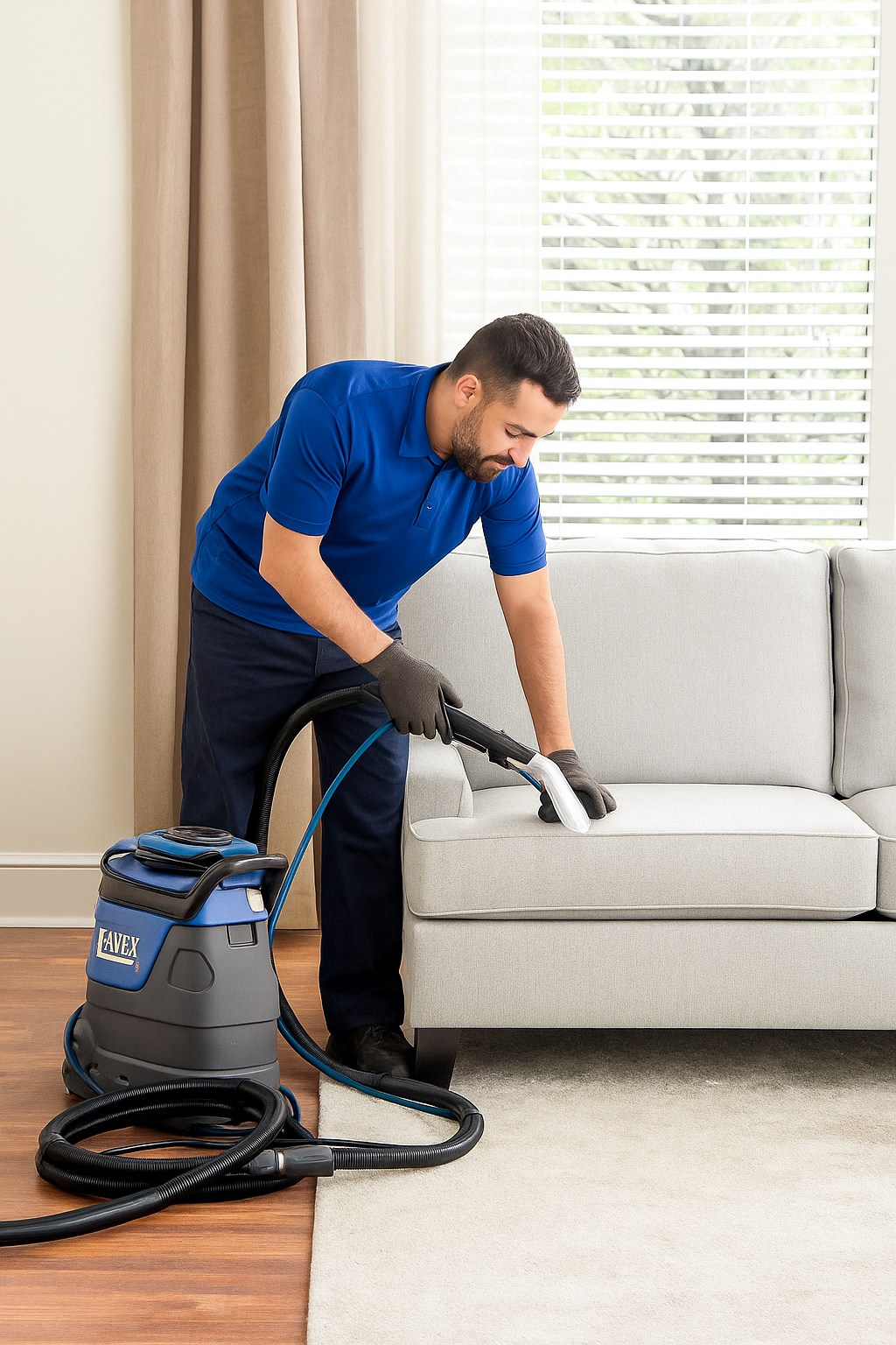 Technician cleaning a fabric sofa with a professional upholstery extractor | Angelos Hard Floor & Duct Cleaning.