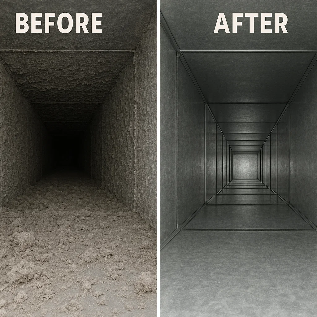 Before and after photo of a dirty vs clean air duct interior