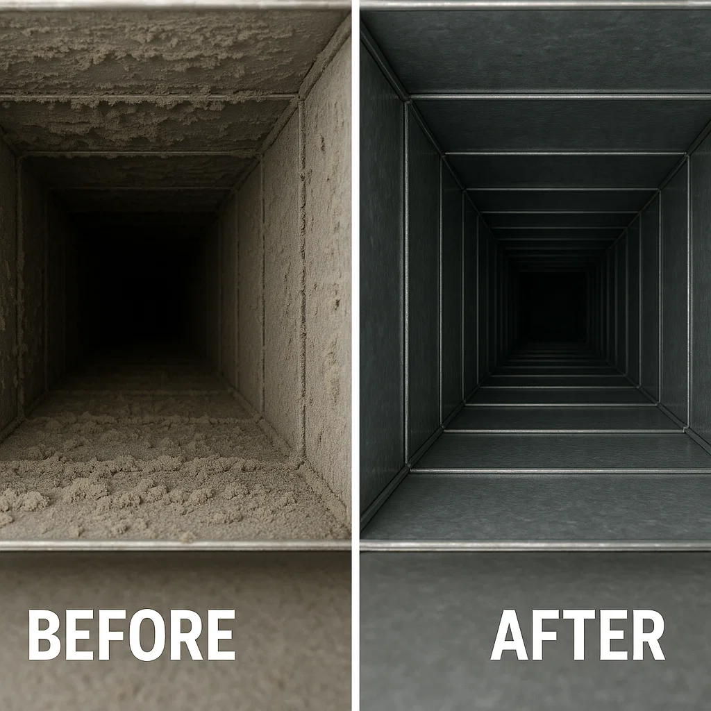 Before and after image showing dusty vs clean supply duct