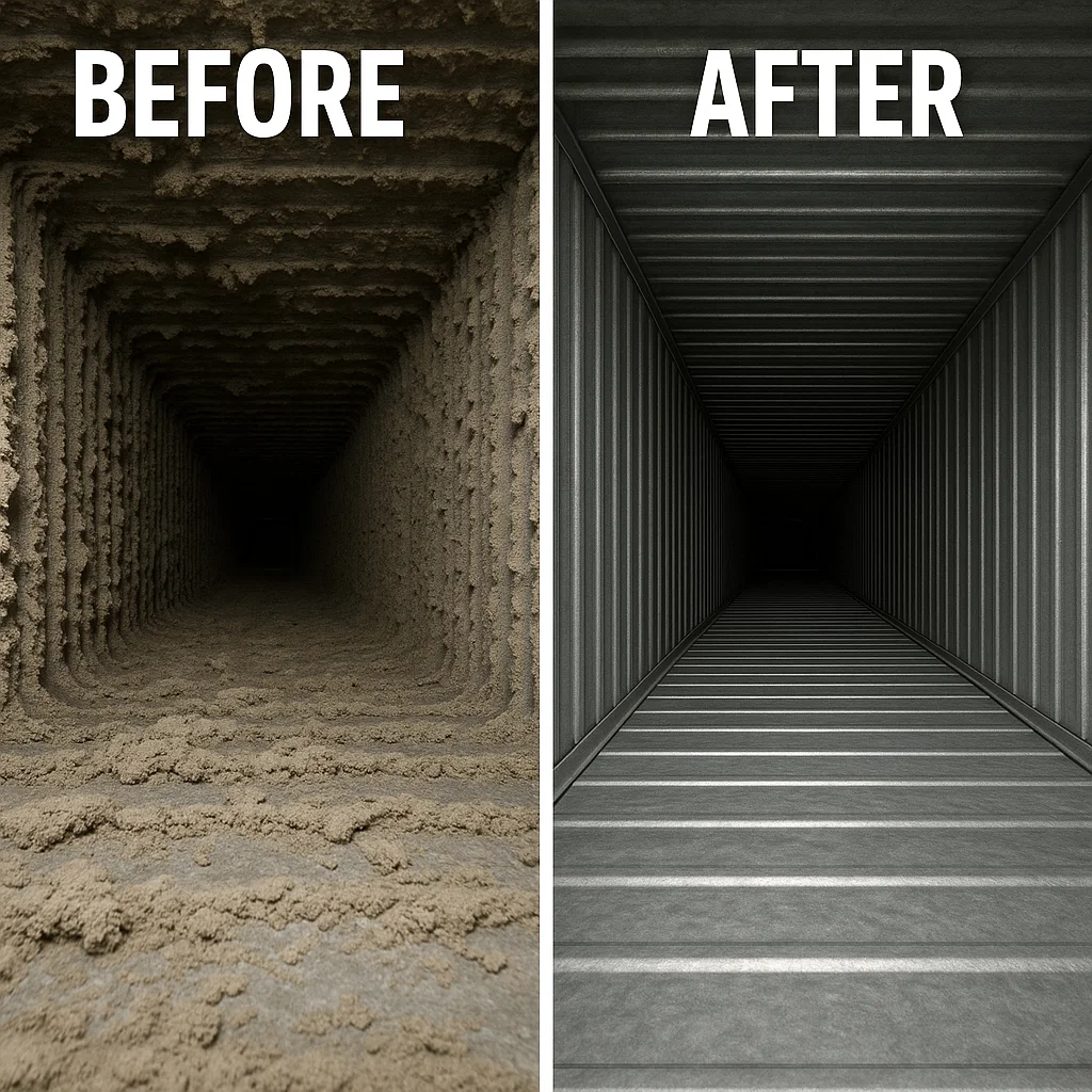 Close‑up before after surface of a duct interior