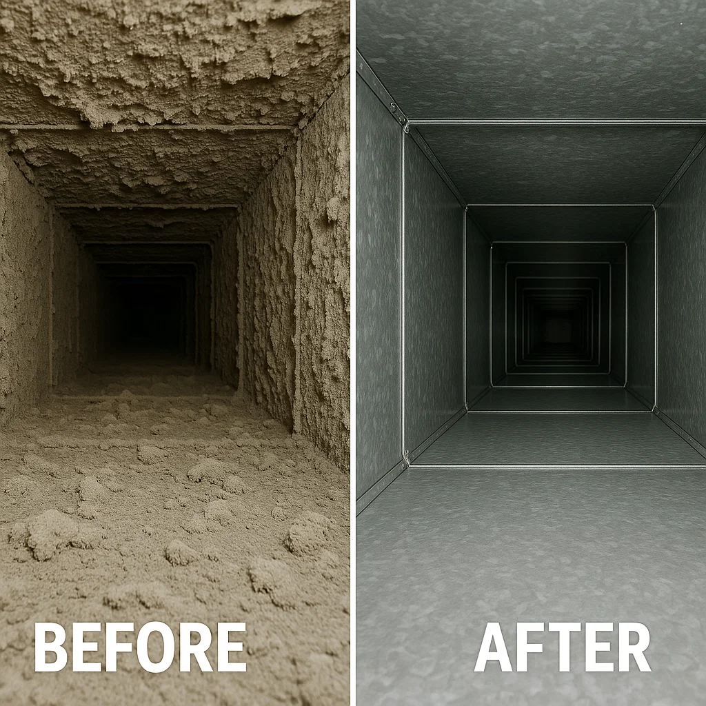 Before after of dusty interior of duct contrasted with clean metal