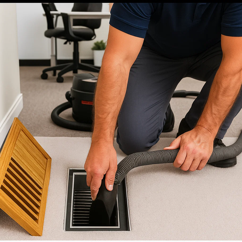 HEPA vacuum and brush agitation tool leading to truck‑mounted unit