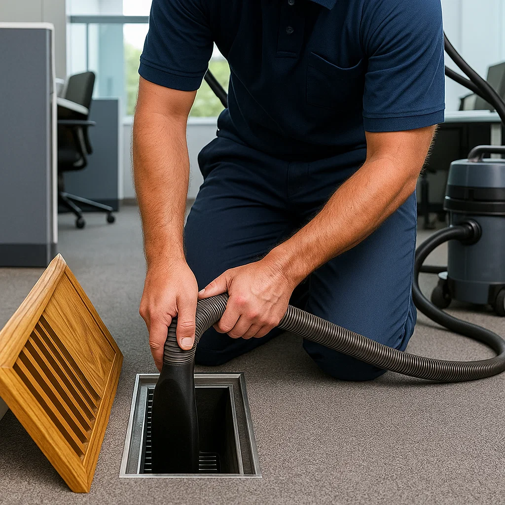 Technician brushing inside a supply line under negative pressure