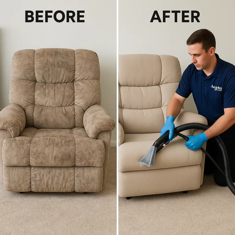 Angelo's Hard Floor & Duct Cleaning refreshed fabric recliner before and after