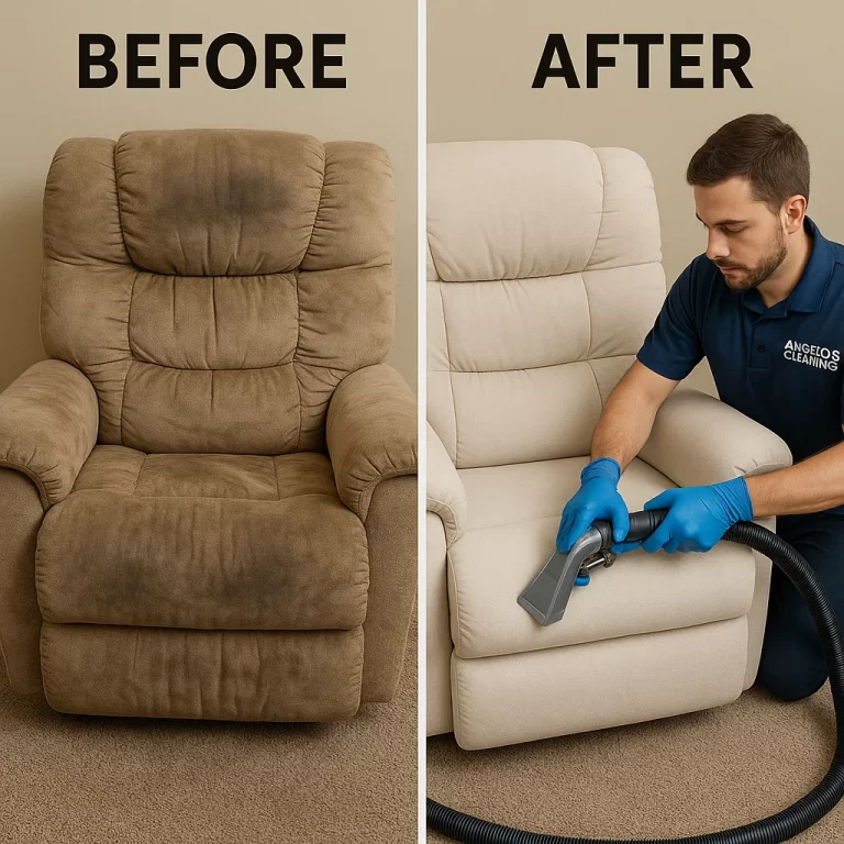 Angelo's Hard Floor & Duct Cleaning upholstery makeover recliner before and after
