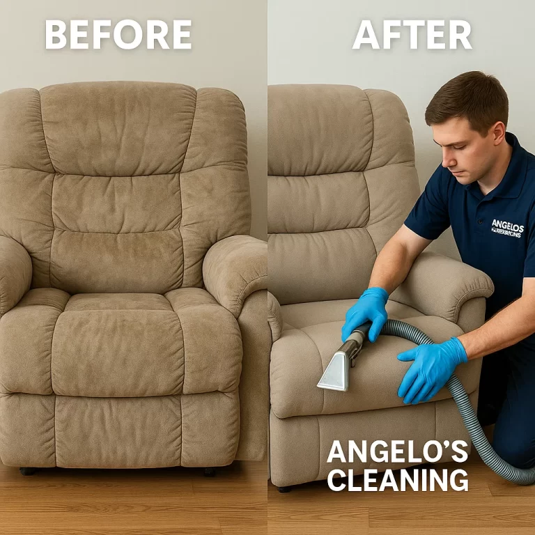 Angelo's Hard Floor & Duct Cleaning stain control recliner before and after