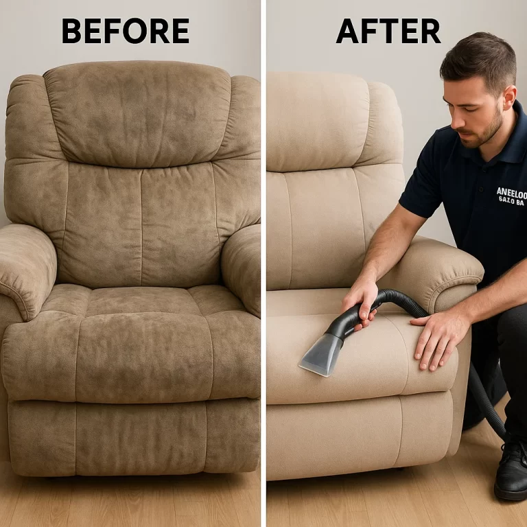 Angelo's Hard Floor & Duct Cleaning revitalized upholstery recliner before and after