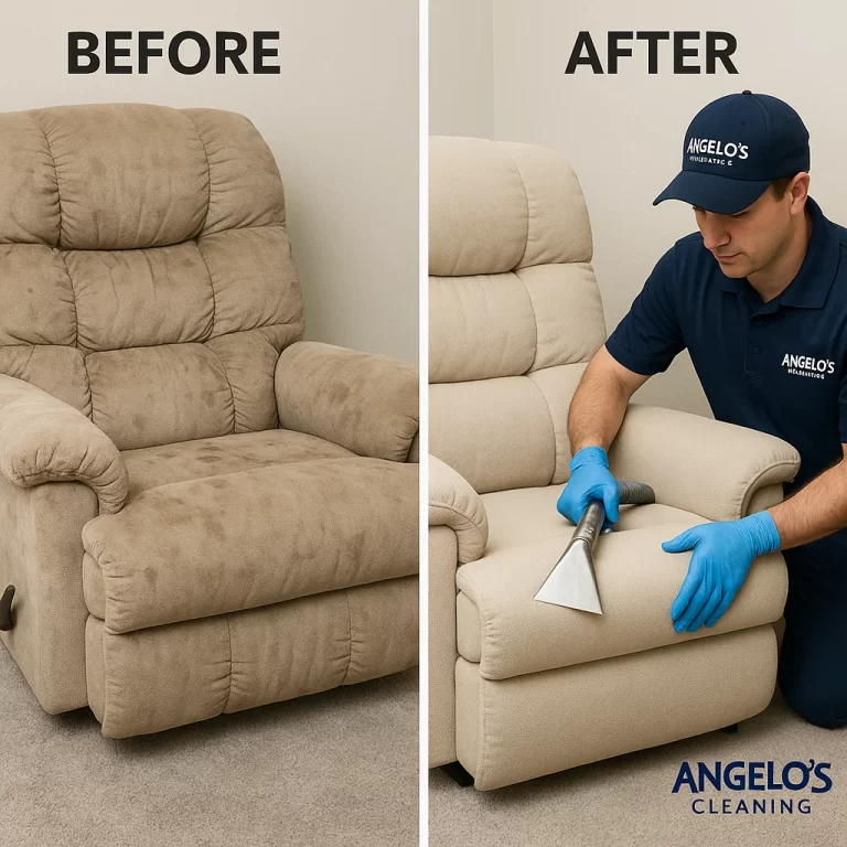 Angelo's Hard Floor & Duct Cleaning freshened recliner before and after