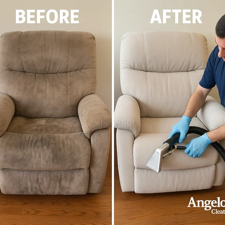 Angelo's Hard Floor & Duct Cleaning visible stain reduction recliner before and after