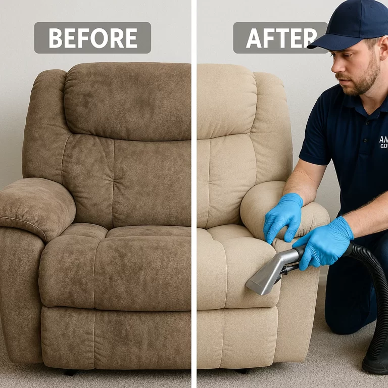 Angelo's Hard Floor & Duct Cleaning refreshed color tone recliner before and after
