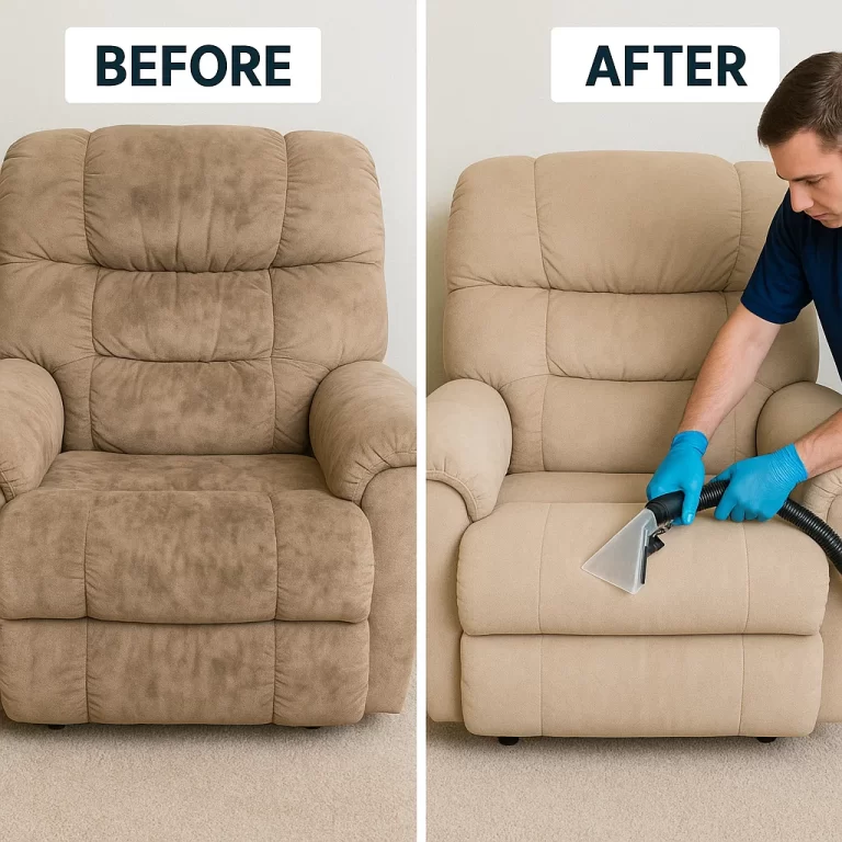 Angelo's Hard Floor & Duct Cleaning soil and spot reduction recliner before and after