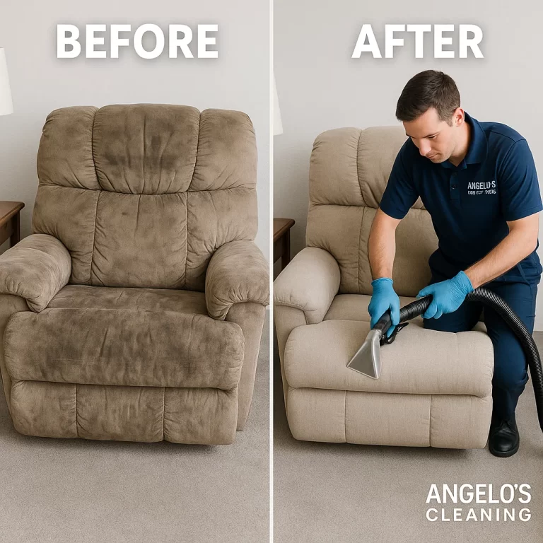 Angelo's Hard Floor & Duct Cleaning refreshed upholstery tone recliner before and after