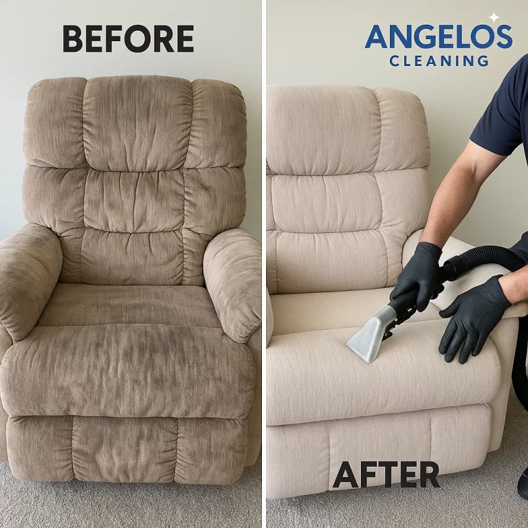 Angelo's Hard Floor & Duct Cleaning upholstered surface renewal recliner before and after