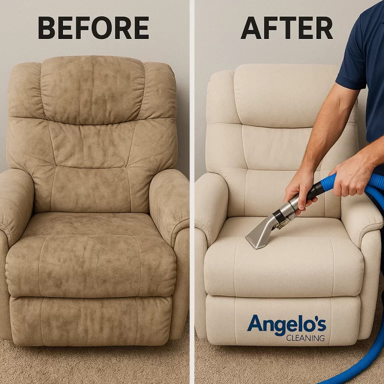 Angelo's Hard Floor & Duct Cleaning visibly lifted soils recliner before and after