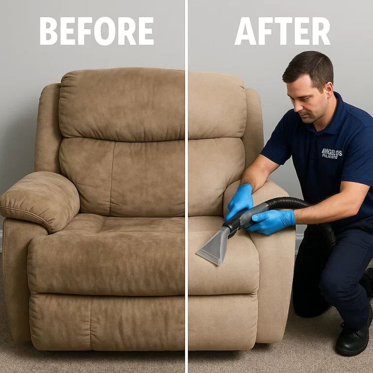 Angelo's Hard Floor & Duct Cleaning crisp clean lines recliner before and after