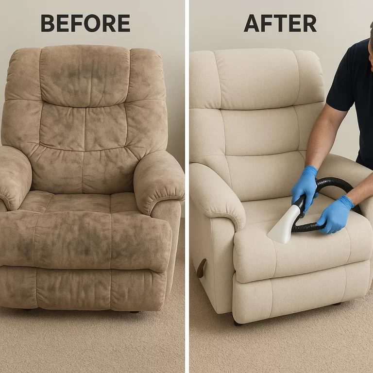 Angelo's Hard Floor & Duct Cleaning restored fabric color recliner before and after
