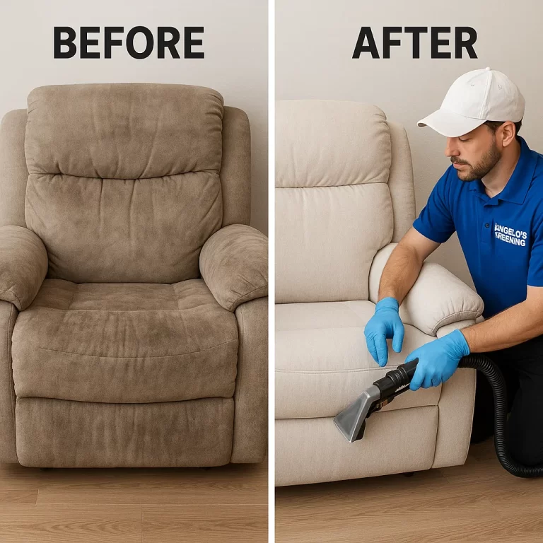 Angelo's Hard Floor & Duct Cleaning refreshed fabric upholstery recliner before and after
