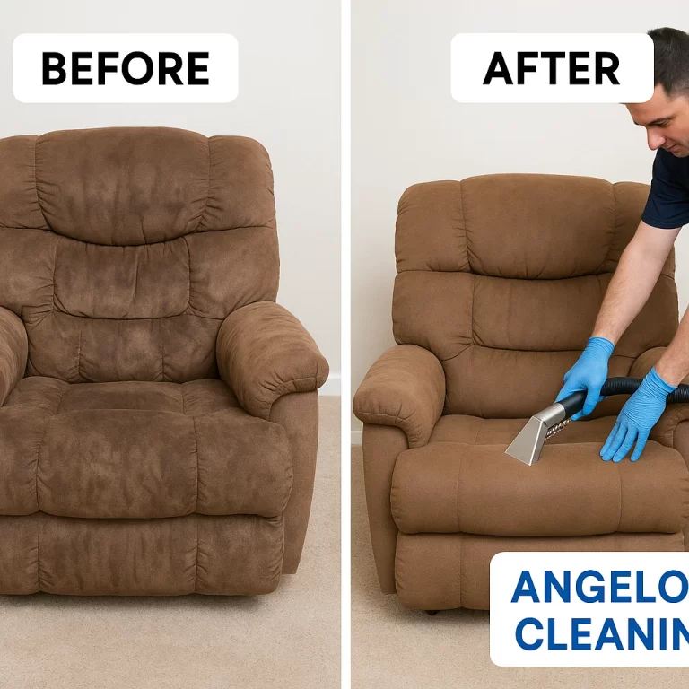 Angelo's Hard Floor & Duct Cleaning refreshed recliner upholstery before and after