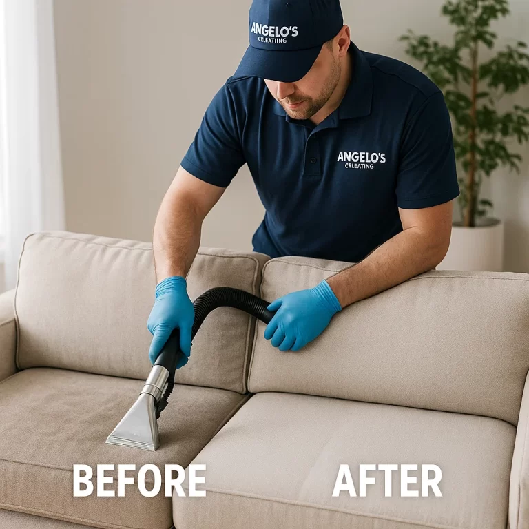 Before & after sofa cleaning — grease marks erased from armrests
