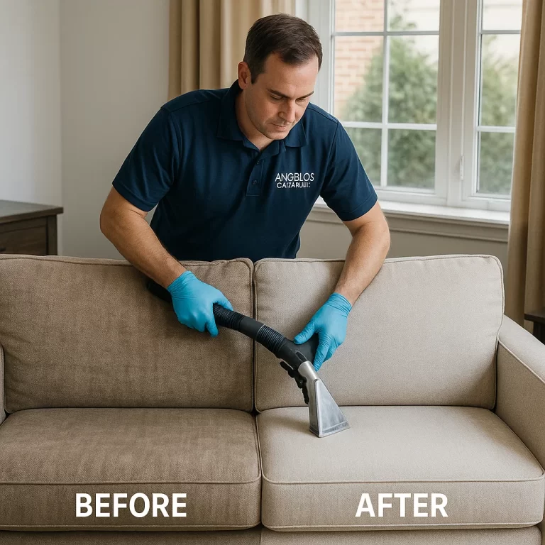 Before & after sofa cleaning — bouclé loops revitalized