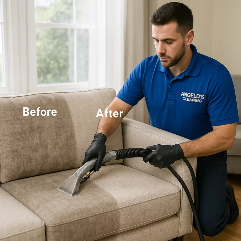 Before & after sofa cleaning — lint and debris extracted