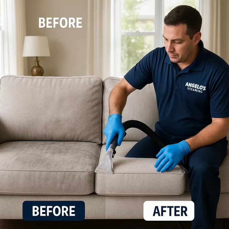 Before & after sofa cleaning — jacquard pattern clarified
