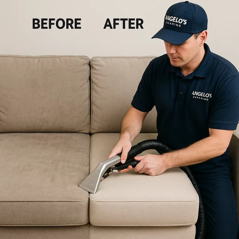 Before & after sofa cleaning — dark traffic marks lifted