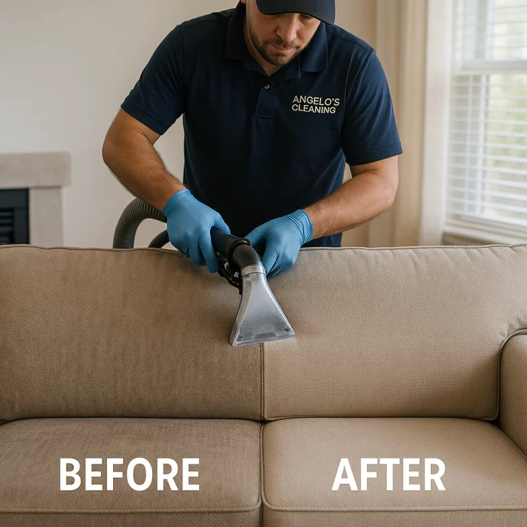 Before & after sofa cleaning — lint balls removed from weave