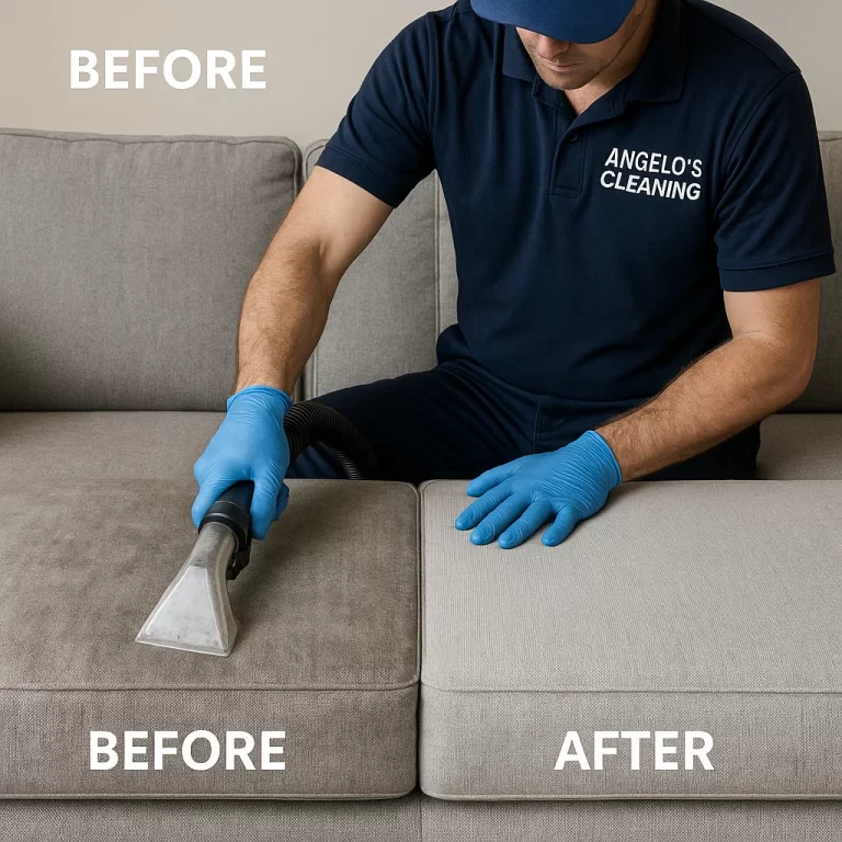 Before & after sofa cleaning — pet dander reduction shown