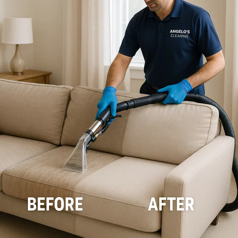 Before & after sofa cleaning — armrest darkening reversed