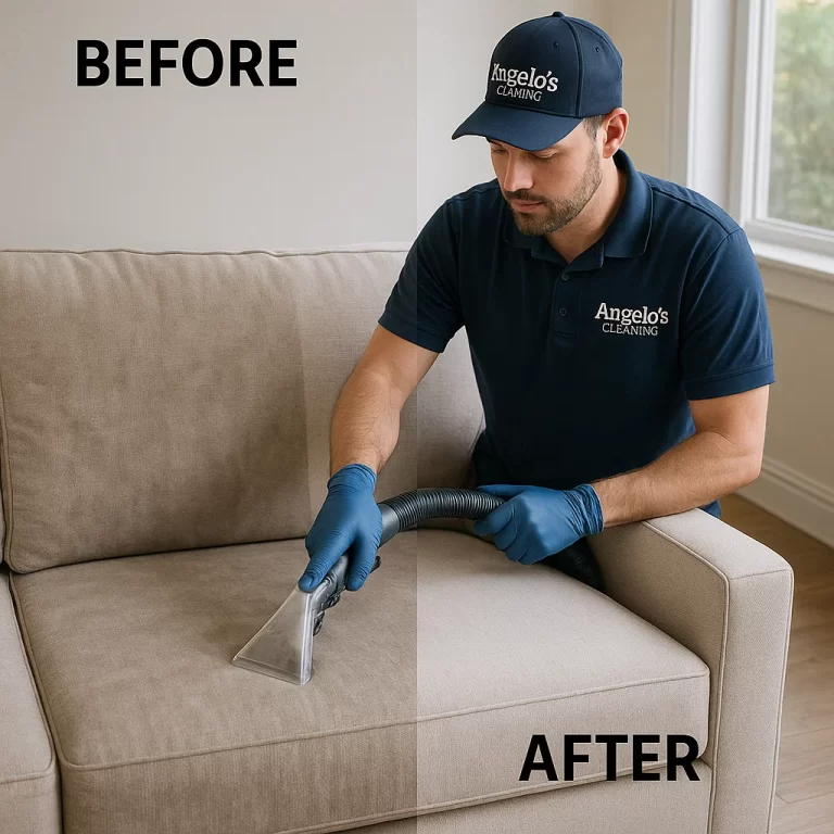 Before & after sofa cleaning — greasy headrest area cleared