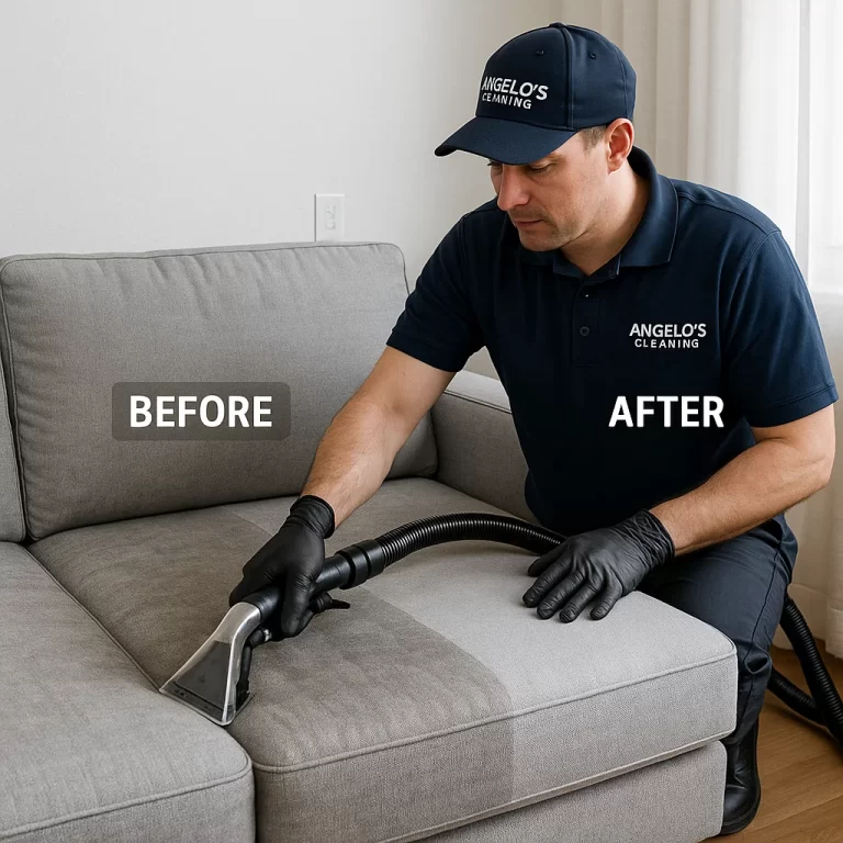 Before & after sofa cleaning — soil shadows lifted uniformly
