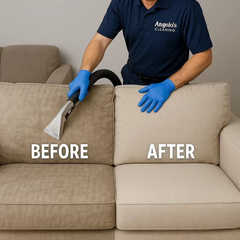 Before & after sofa cleaning — beverage sugars rinsed clean