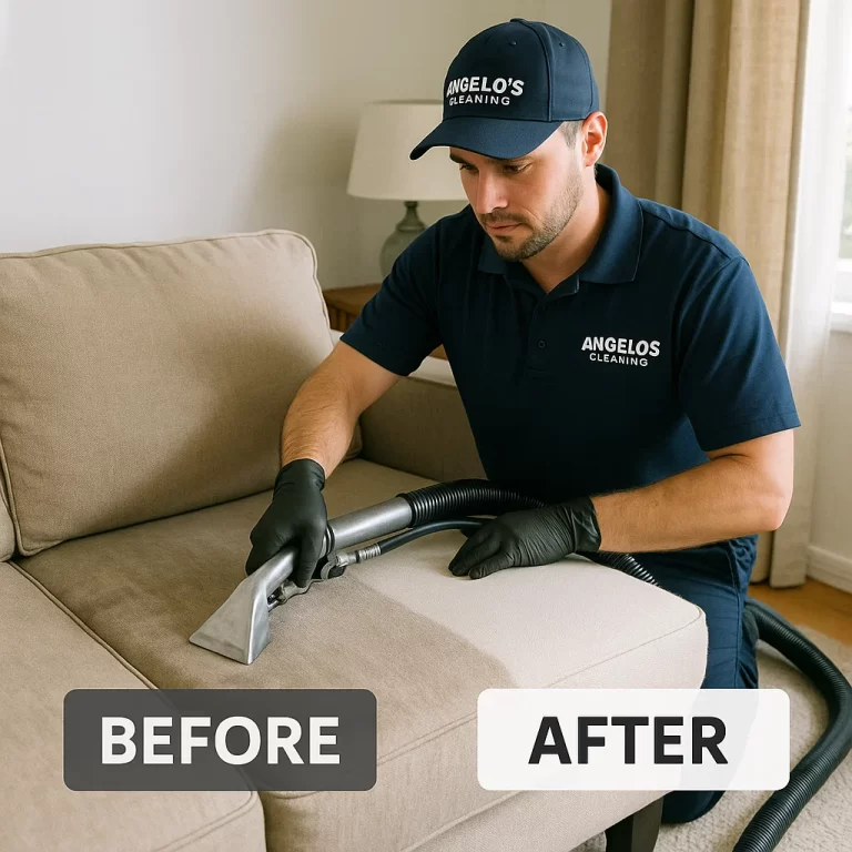 Before & after sofa cleaning — dingy arms look renewed