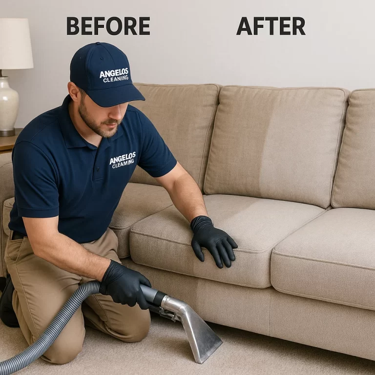 Before & after sofa cleaning — color looks truer and clean