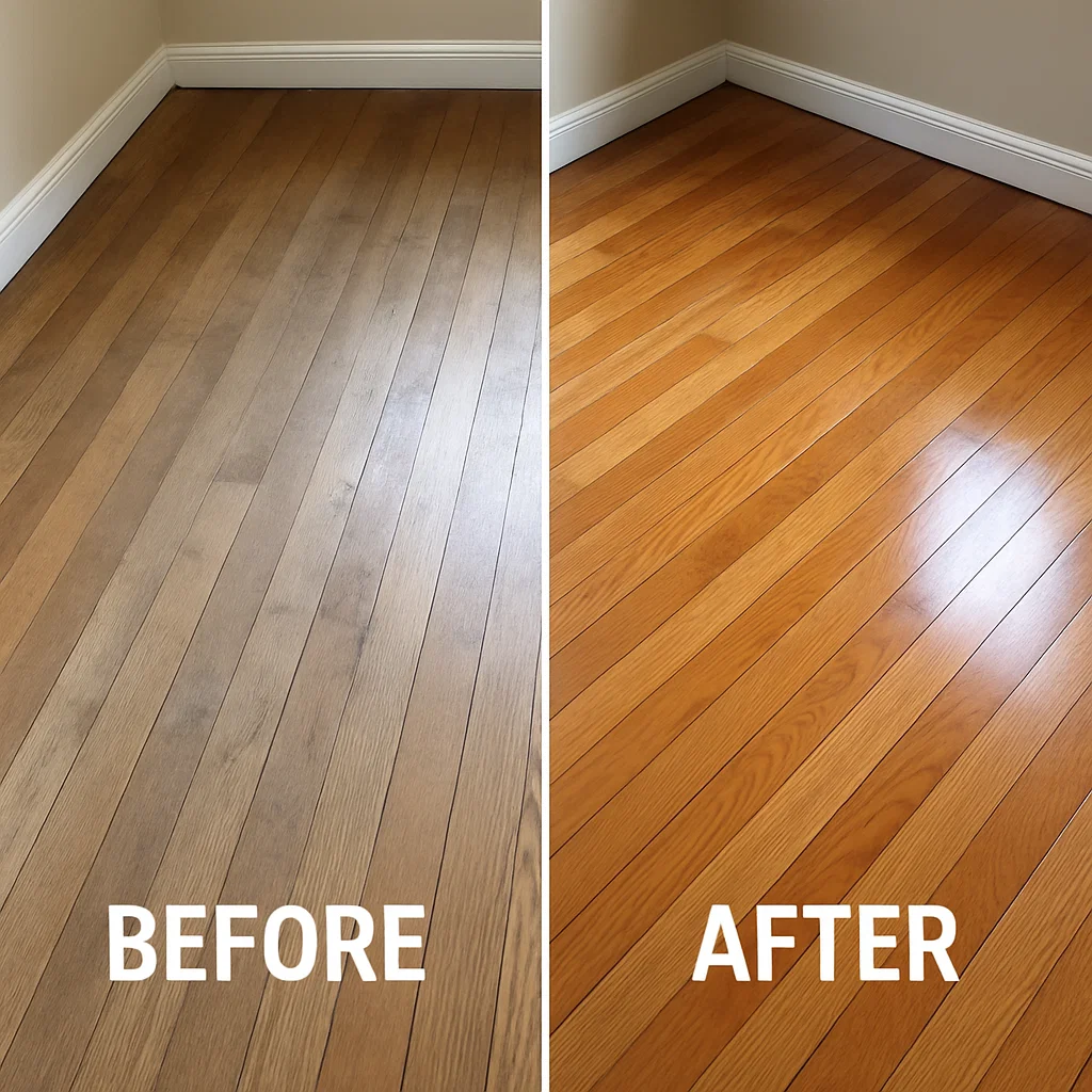 Before and after removing cleaner residue on hardwood
