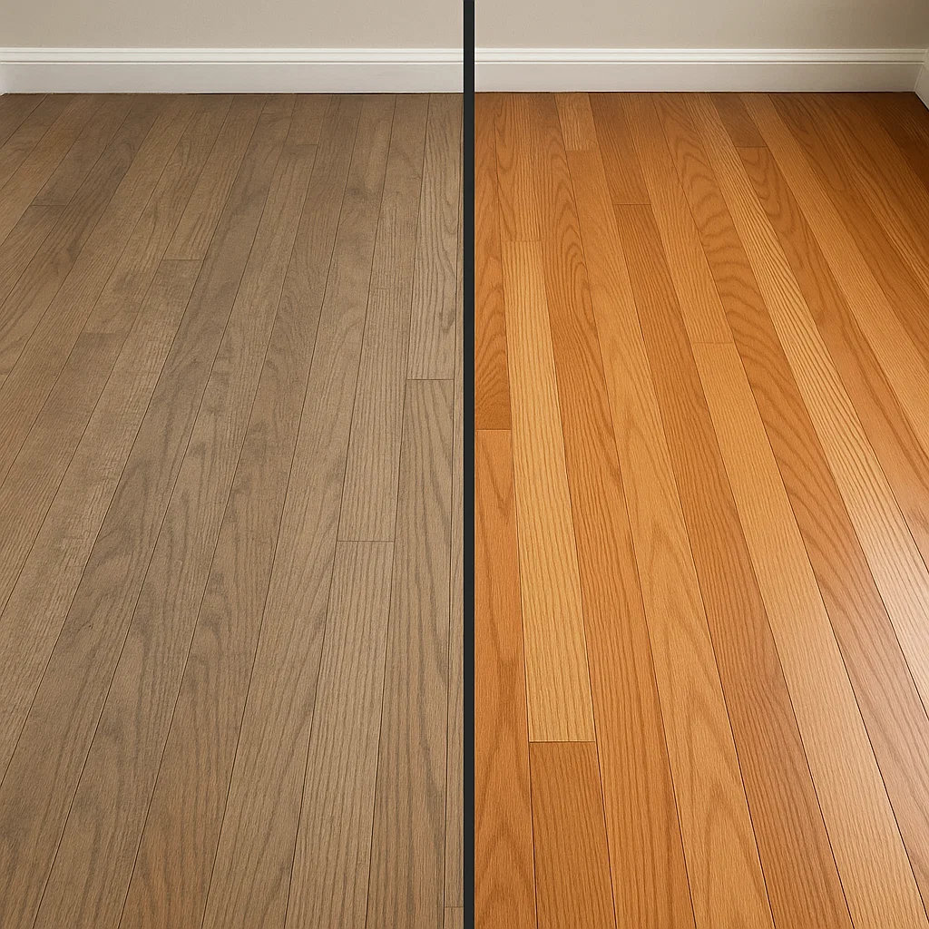 Before and after professional hardwood cleaning in dining area