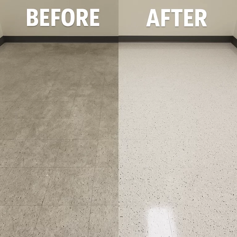 Before and after composite floor cleaning — clinic corridor