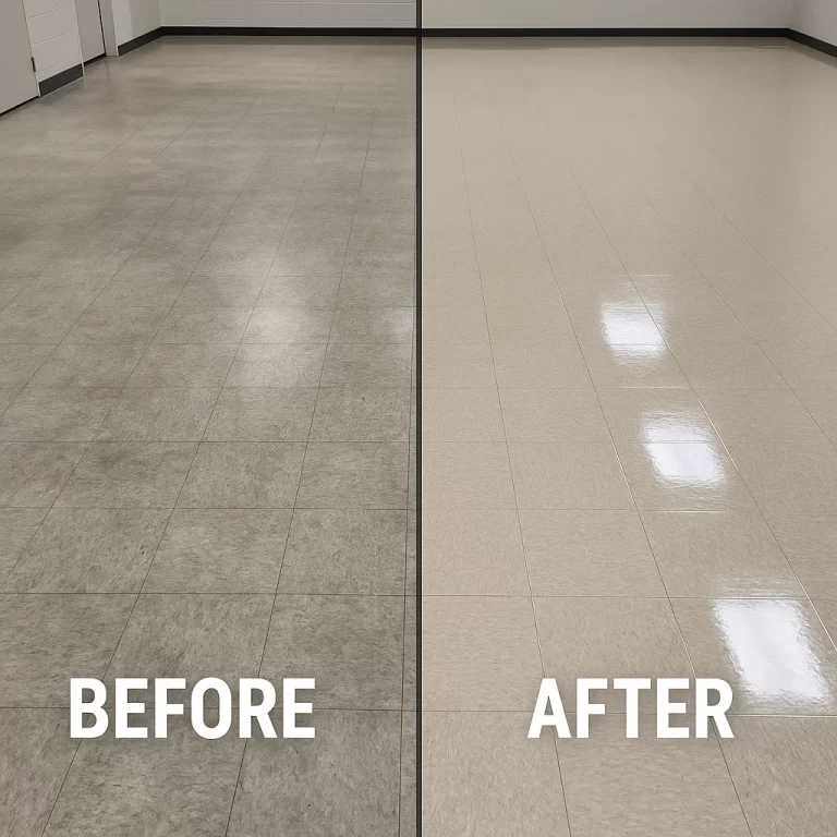 Before and after composite floor cleaning — museum hall