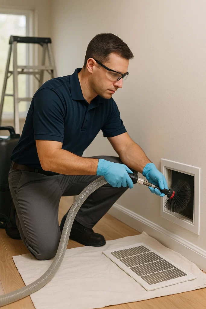 Professional technician performing Air Duct Cleaning by Angelos Hard Floor & Duct Cleaning using a Rotobrush.