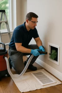 Professional HVAC specialist providing Air Duct Cleaning by Angelos Hard Floor & Duct Cleaning using a Rotobrush hose and brush head.