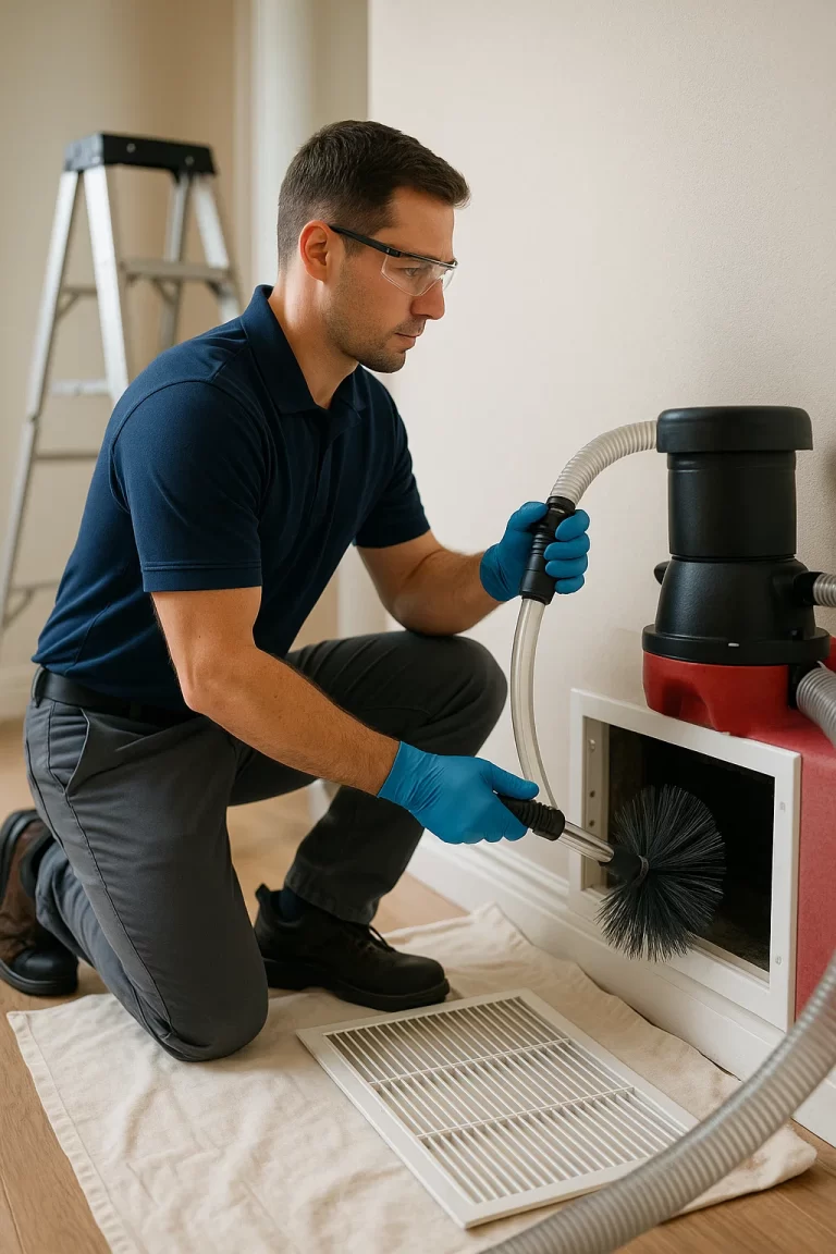 Experienced HVAC specialist delivering Air Duct Cleaning by Angelos Hard Floor & Duct Cleaning using Rotobrush contact cleaning.