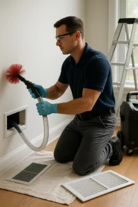 Skilled team member conducting Air Duct Cleaning by Angelos Hard Floor & Duct Cleaning with Rotobrush brush and vacuum.
