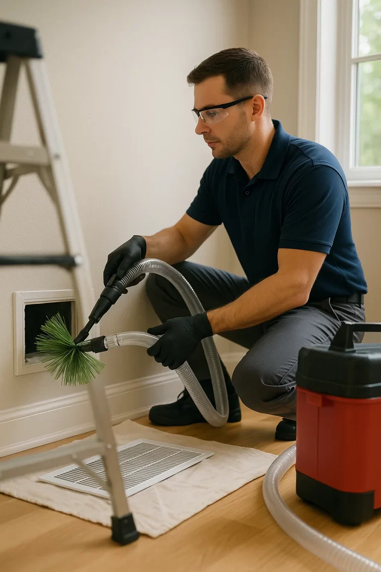 Friendly technician delivering Air Duct Cleaning by Angelos Hard Floor & Duct Cleaning with Rotobrush for dust reduction.