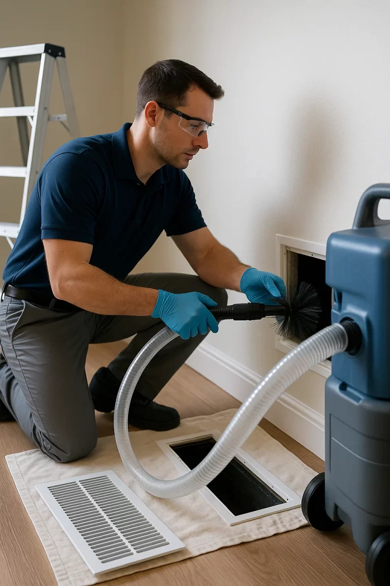 Skilled technician performing Air Duct Cleaning by Angelos Hard Floor & Duct Cleaning with a Rotobrush on main trunk lines.
