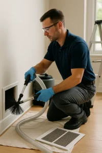 Professional HVAC specialist providing Air Duct Cleaning by Angelos Hard Floor & Duct Cleaning using a Rotobrush hose and brush head.