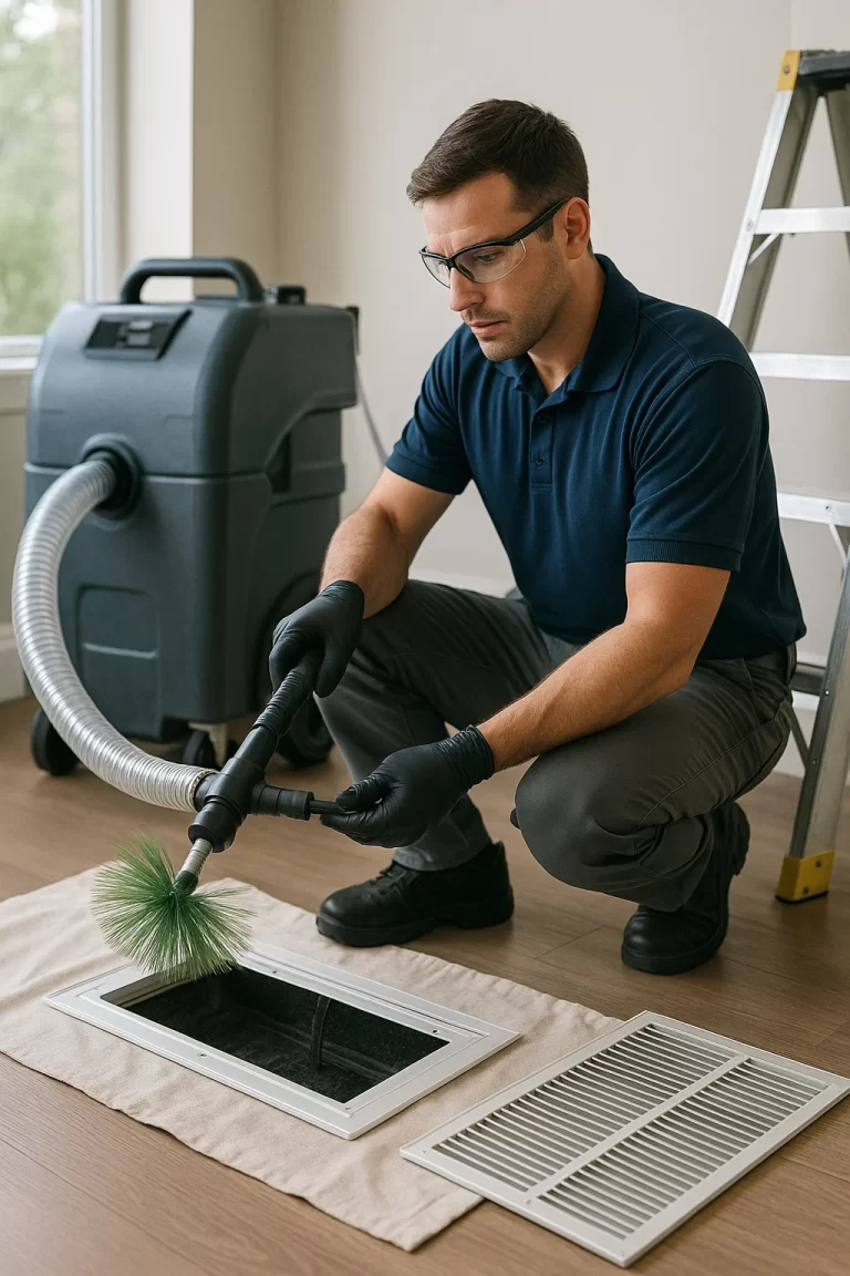 Skilled technician performing Air Duct Cleaning by Angelos Hard Floor & Duct Cleaning with a Rotobrush on main trunk lines.